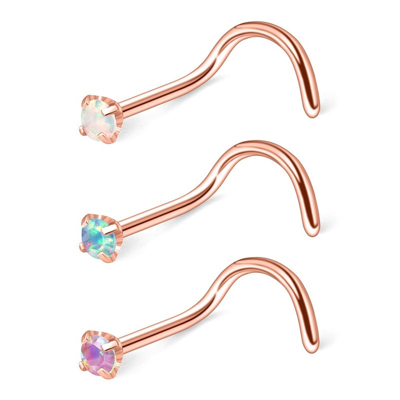 Ruifan 3PCS 20G Rose Gold Plated 316L Surgical Steel 2mm Mix Color Opal Nose Rings Studs Twist Screw Bend Ring Body Piercing Jewelry - Image 1